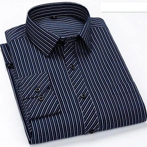 Showlu men's plus size striped dress shirt in long sleeves, slim fit business casual style, available in 6XL to 8XL sizes.