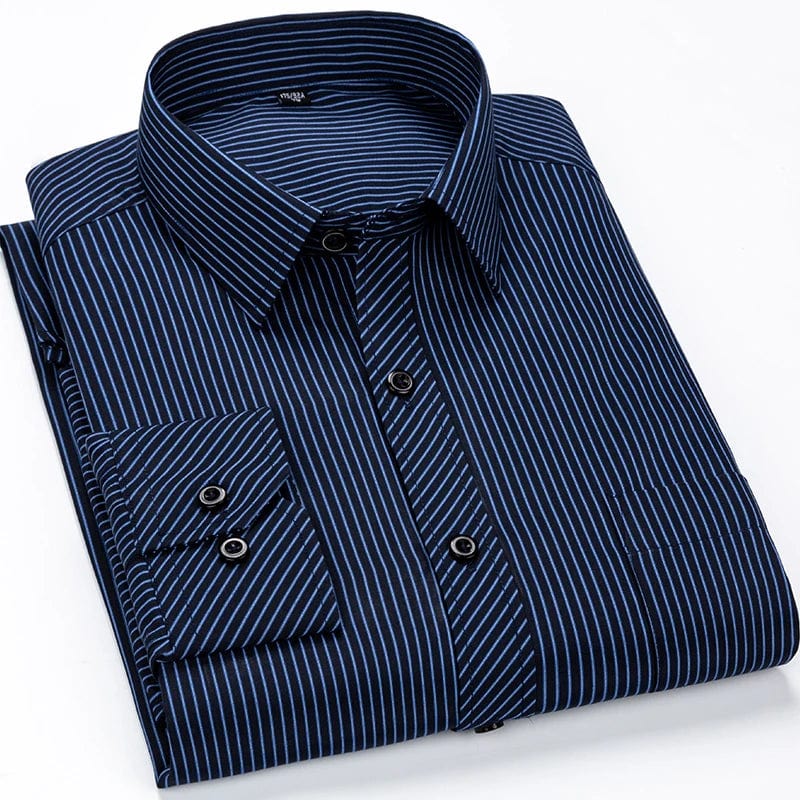 Showlu men's plus size striped dress shirt in slim fit with long sleeves, ideal for business casual or social occasions.