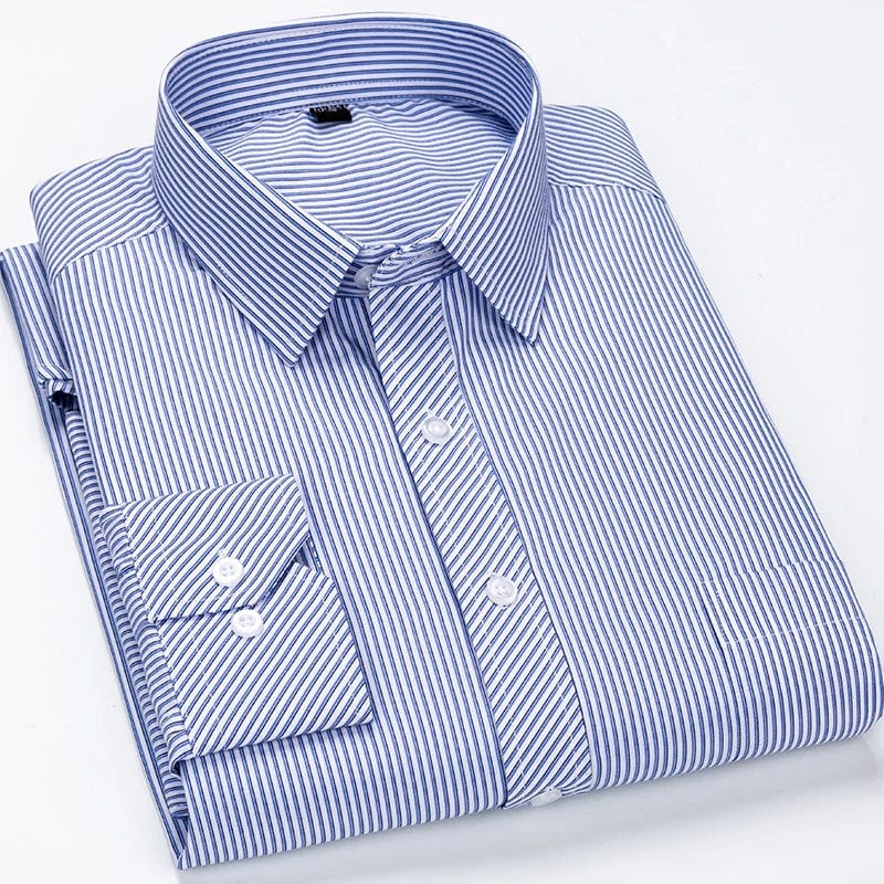 Showlu men's plus size striped dress shirt in long sleeve, slim fit, suitable for business casual and social occasions.