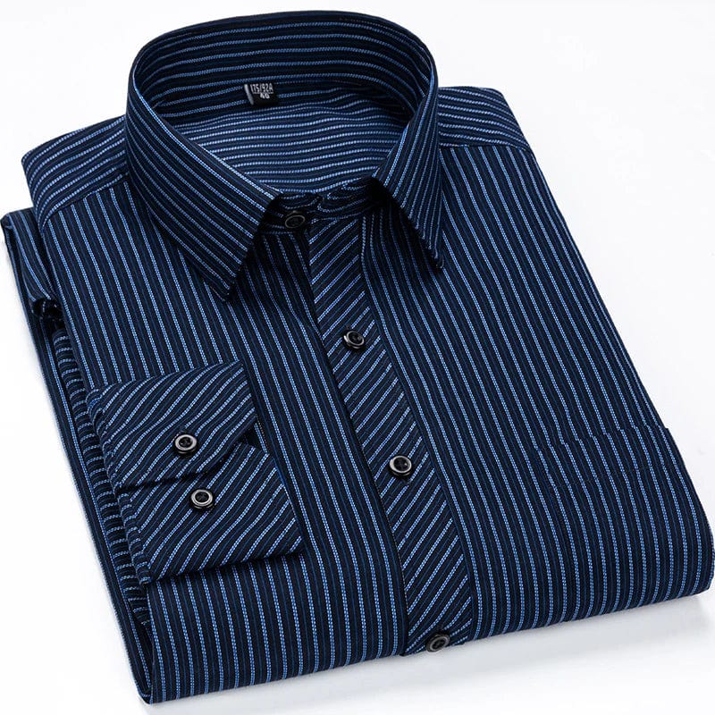Showlu men's plus size striped dress shirt in long sleeves, slim fit business casual style, available in 6XL to 8XL.