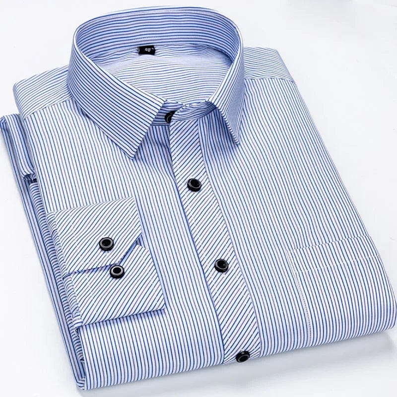 Showlu men's plus size striped dress shirt in slim fit with long sleeves, suitable for business casual and social occasions.