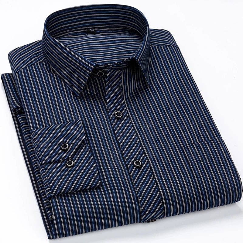 Showlu men's plus size striped dress shirt, long-sleeved slim fit business casual shirt for men in 6XL to 8XL sizes.