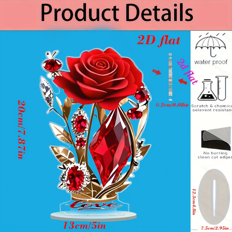 Wine red rose acrylic floral decoration by Showlu Fashion, 2D flat tabletop floral ornament with vibrant rose design.