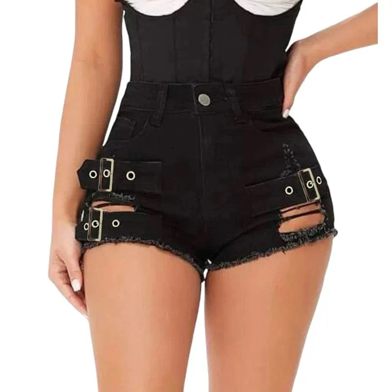 Showlu Women's low waist cut-out denim shorts with open hips, skinny fit, perfect for summer beachwear or casual outings.