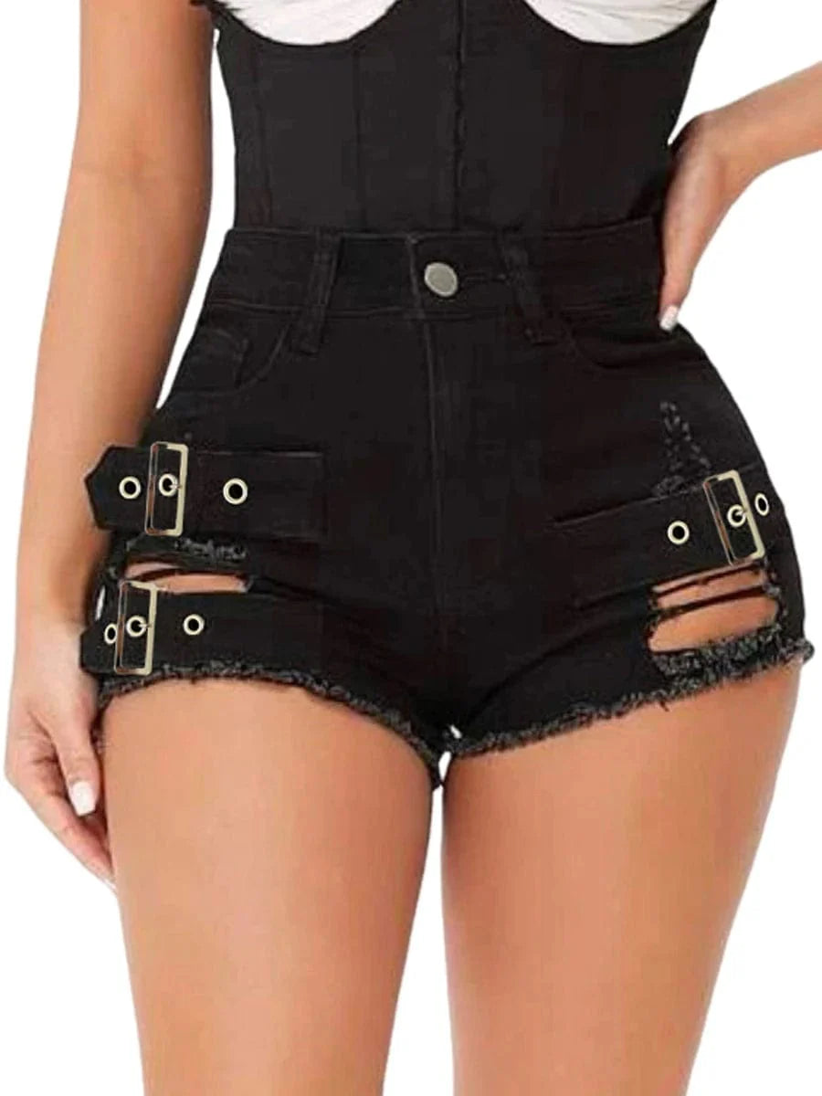 Showlu Women's low waist cut out denim shorts with open hips, skinny fit, perfect for summer beachwear and casual outfits.