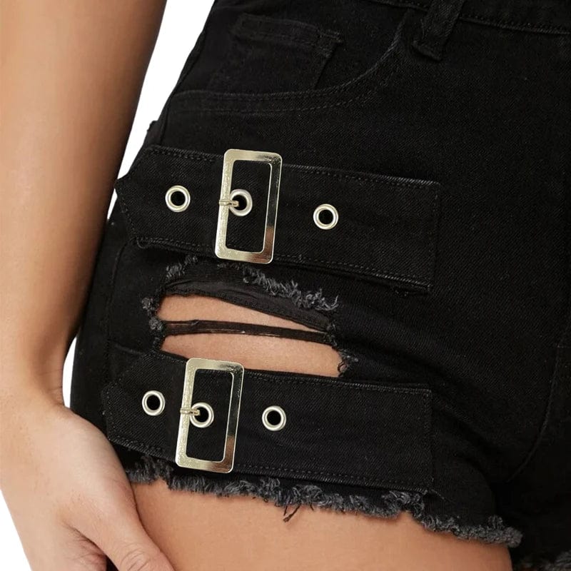 Showlu Women's low waist cut-out denim shorts with open hips, skinny fit, perfect for summer beachwear and casual wear.