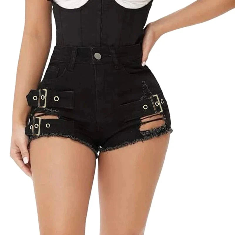 Showlu Women's low waist cut out denim shorts with open hips, skinny fit, perfect for summer beachwear and casual wear.