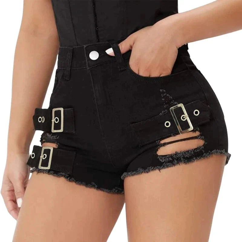 Showlu Women's low waist denim shorts with cutout details, perfect for summer beachwear and casual hot pants style.