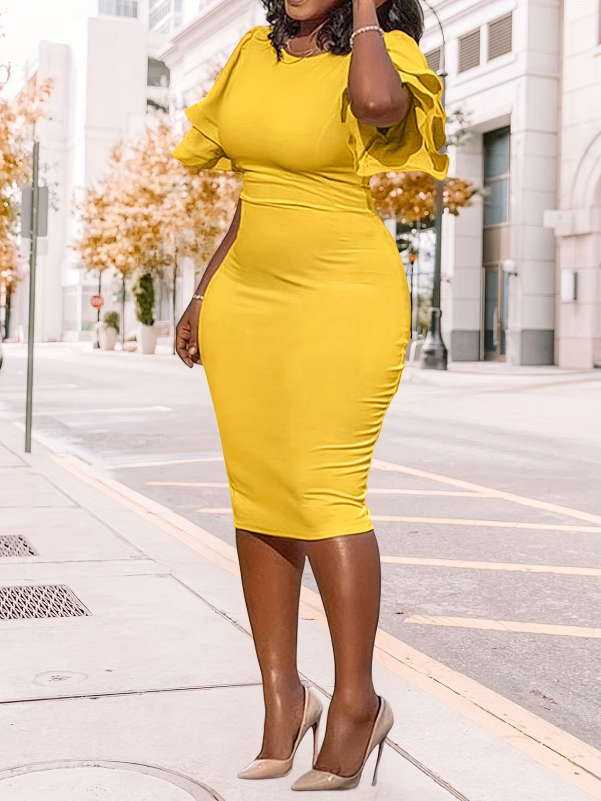 SHOWLU FASHION women's ruffle sleeve bodycon midi pencil dress with a fitted silhouette and stylish ruffle details.