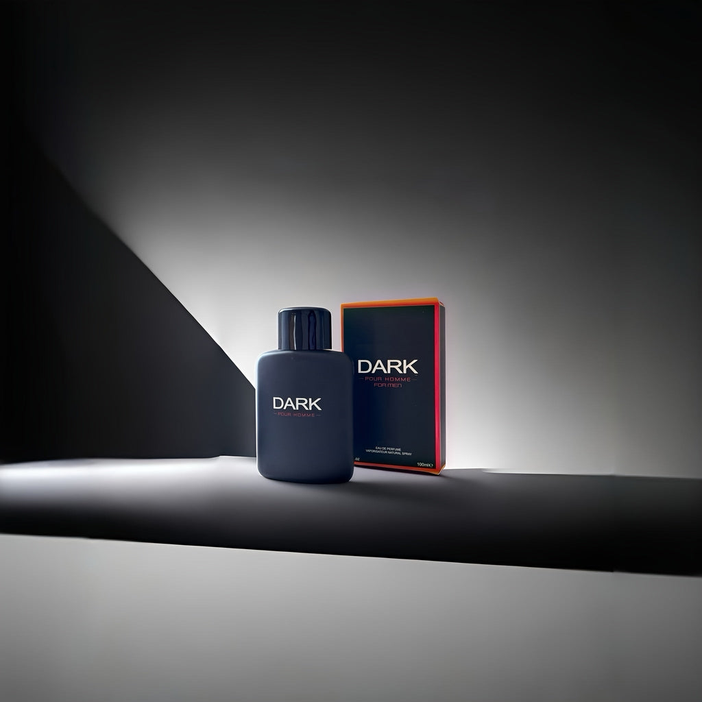 Dark Noir men's Eau de Parfum 3.4oz bottle with lavender and lemon scent, sleek black packaging, and modern design.