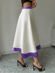 Elegant Color-Block A-Line Skirt - Purple & White Polyester-Spandex Blend, Structured Non-Stretch Fabric, Machine Washable, Button Closure, All-Season Versatile Office to Casual Wear