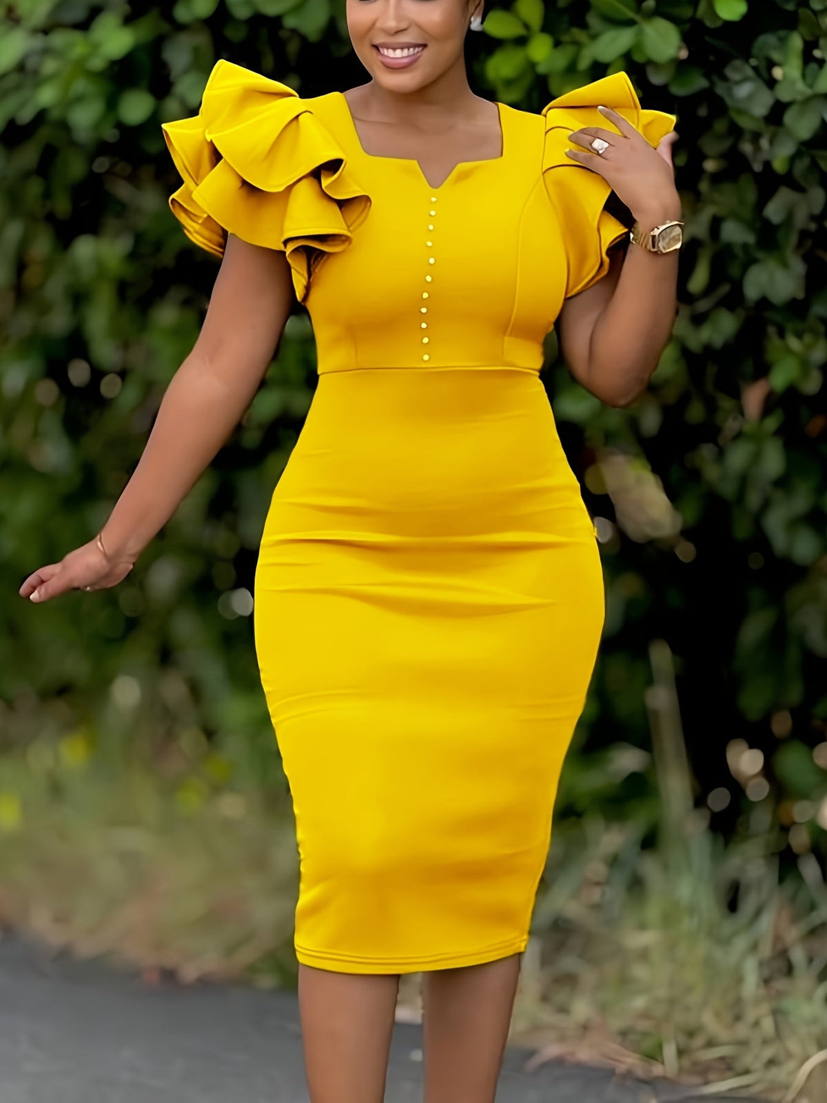 SHOWLU FASHION square neck ruffle sleeve bodycon midi party dress displayed on a model, featuring a fitted silhouette and stylish design.