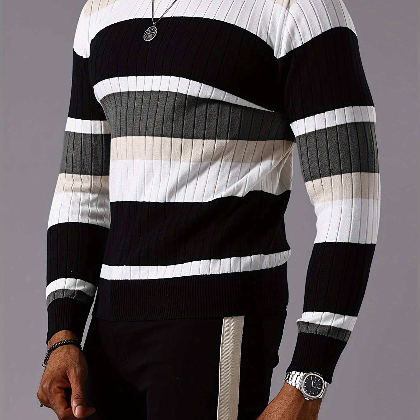 SHOWLU men's striped ribbed knit sweater with long sleeves and crew neck, casual pullover for stylish winter wear