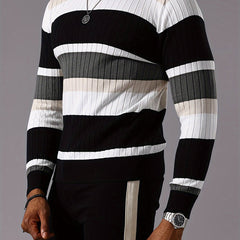 Men's Striped Color-Block Ribbed Knit Sweater - Long Sleeve Round Neck Pullover with Elastic Comfort Fit, Machine Washable Casual Fall Winter Top in Black/White/Green/Beige, Knit Sweater, Medium Elasticity