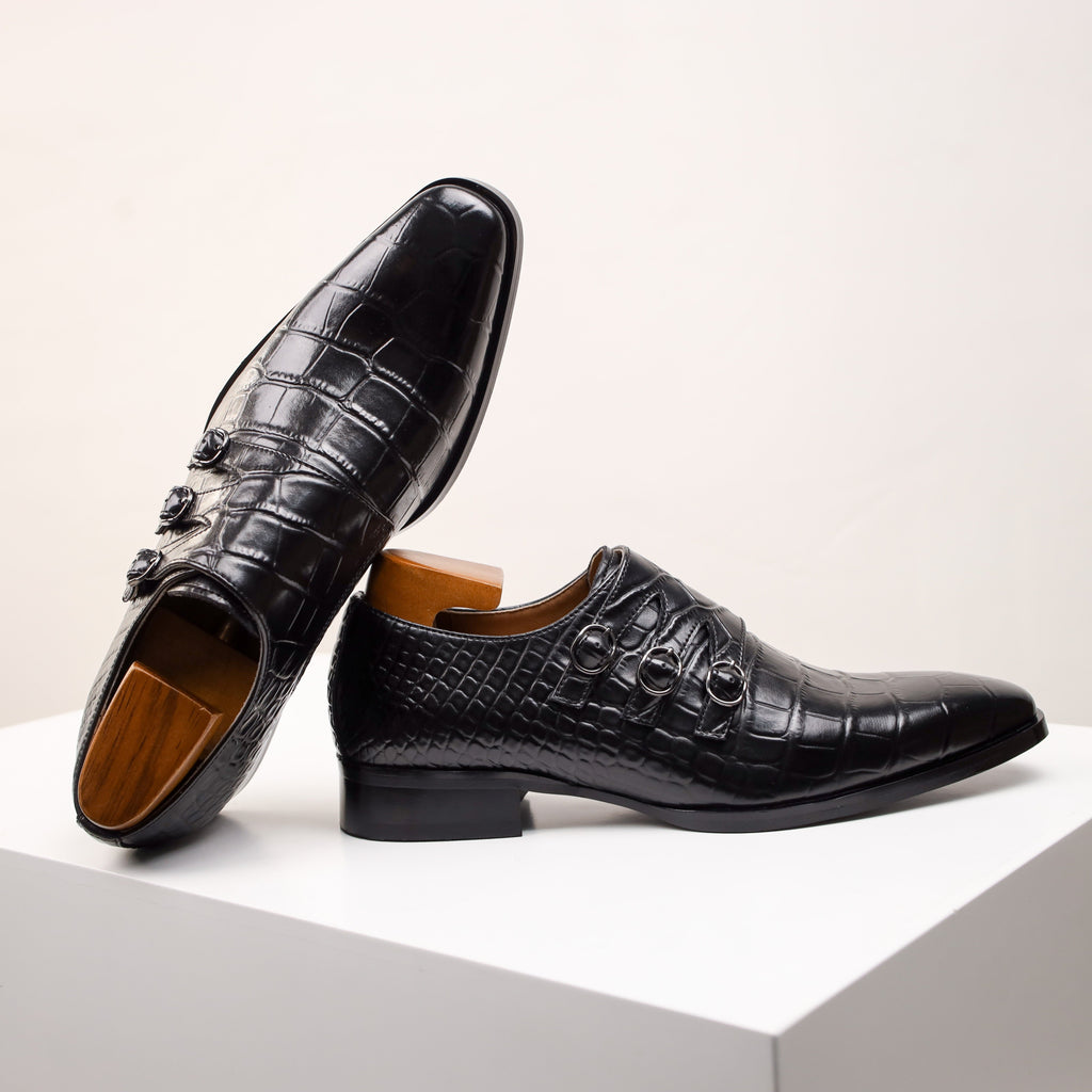 SHOWLU Men's Monk Strap Oxfords in split cow leather with square toe, stylish formal shoes for men.