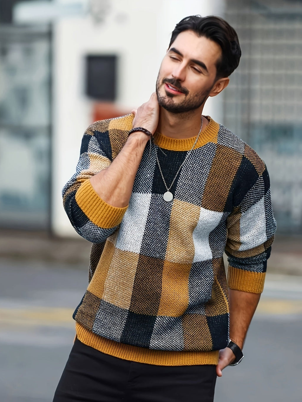 Men's plaid crew neck sweater by SHOWLU FASHION STORE, casual viscose knit pullover with a classic plaid pattern and crew neckline.