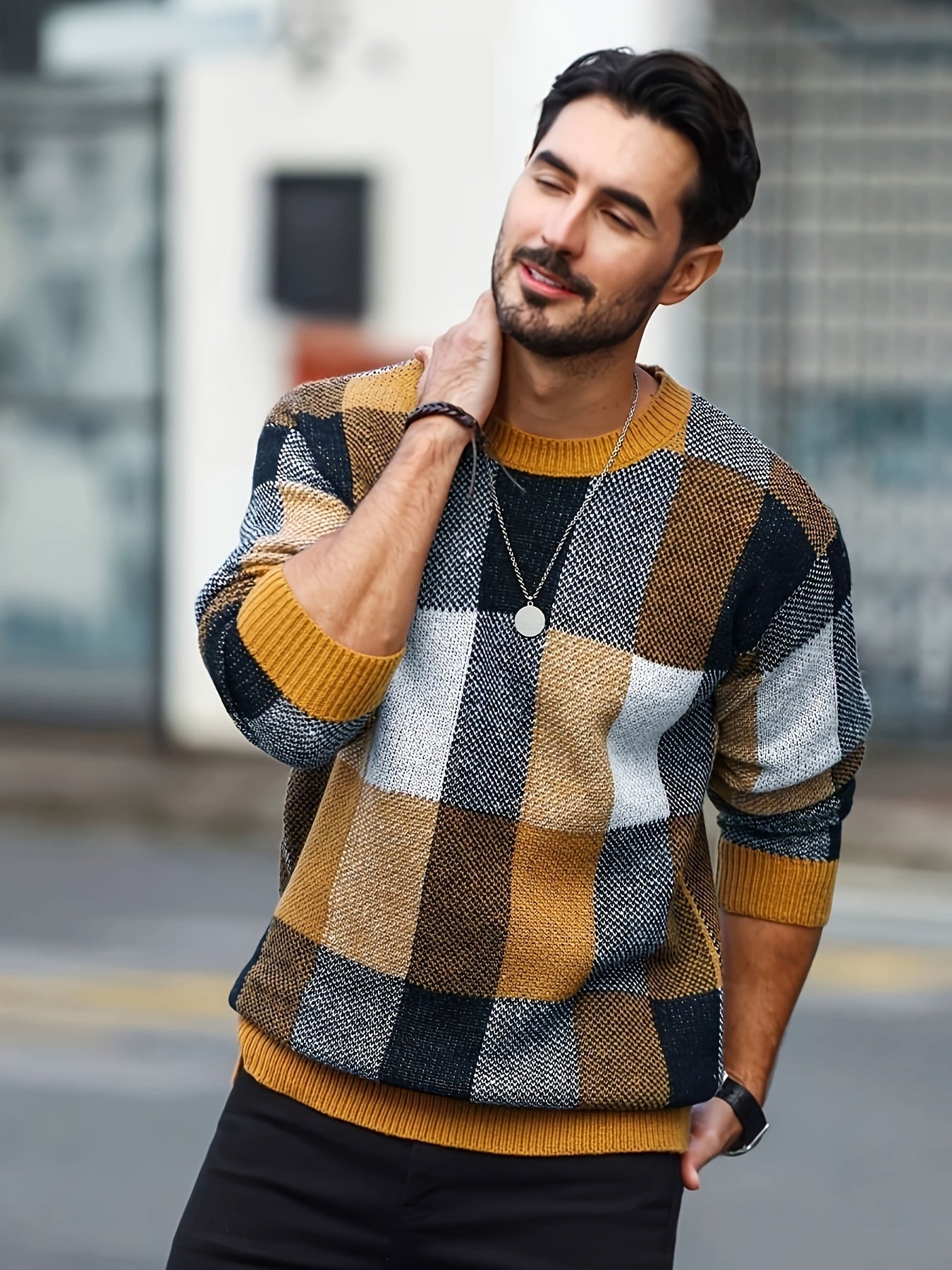 Men's plaid crew neck sweater by SHOWLU FASHION STORE, casual viscose knit pullover with a classic plaid pattern and crew neckline.
