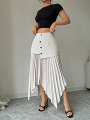 [Elegant Skirt] Semi-Sheer Lightweight Asymmetrical Front Button Hem Skirt - White & Black Contrast | Elegant, Machine Washable Spring/Summer Casual & Formal Wear