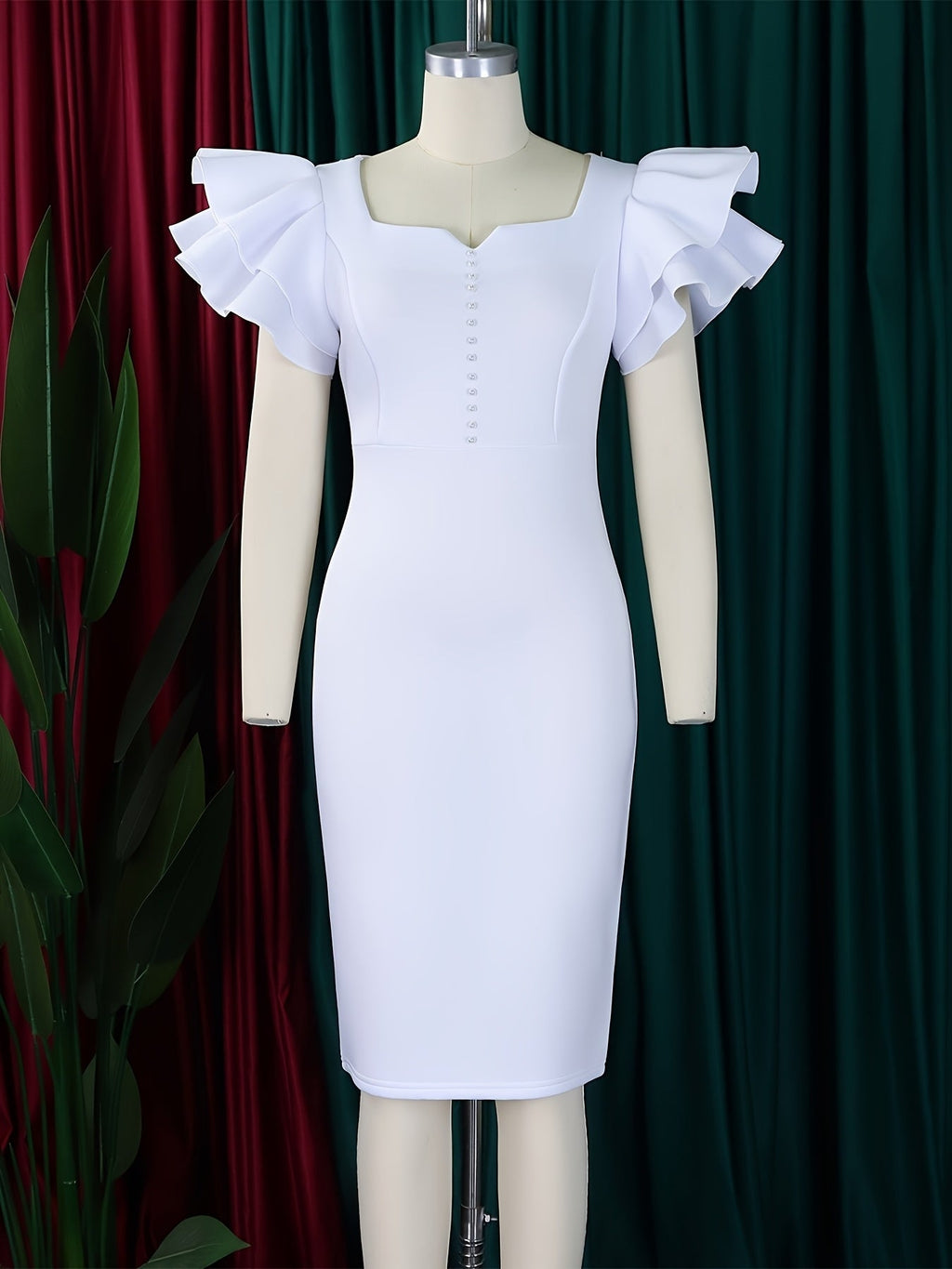 SHOWLU FASHION square neck ruffle sleeve bodycon midi dress, perfect for parties, shown on a model with stylish details.