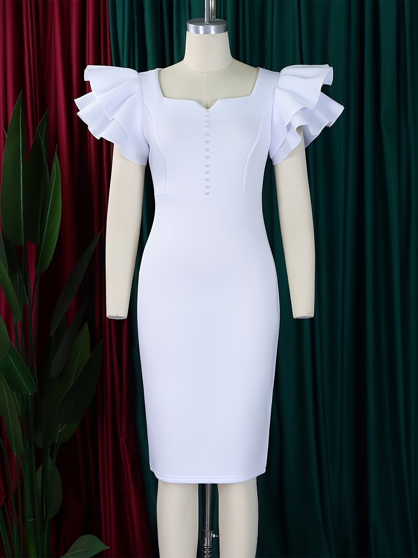 SHOWLU FASHION square neck ruffle sleeve bodycon midi dress, perfect for parties, shown on a model with stylish details.