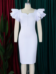 Elegant Dresses For Woman 2025 New Square Neck Ruffles Sleeve Solid Sheath Mid Calf High Quality Ladies Birthday Party Dinner Wear Vestidos Mujer Clothes Wholesale