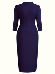 Stunning Three-Quarter Sleeve Sheath Dress - Elegant Tie-Neck Design, Draped Silhouette, Comfortable Wear for Spring & Summer - Women's Classic Clothing for Daily Life, Outdoor Events, and Work