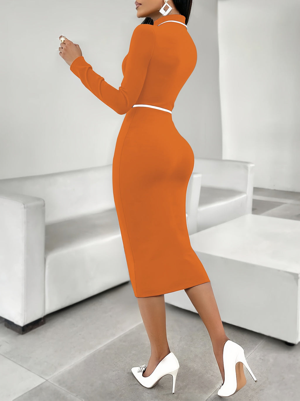 SHOWLU FASHION color block midi dress with French stand collar and bodycon fit, featuring bold color blocks and sleek design.