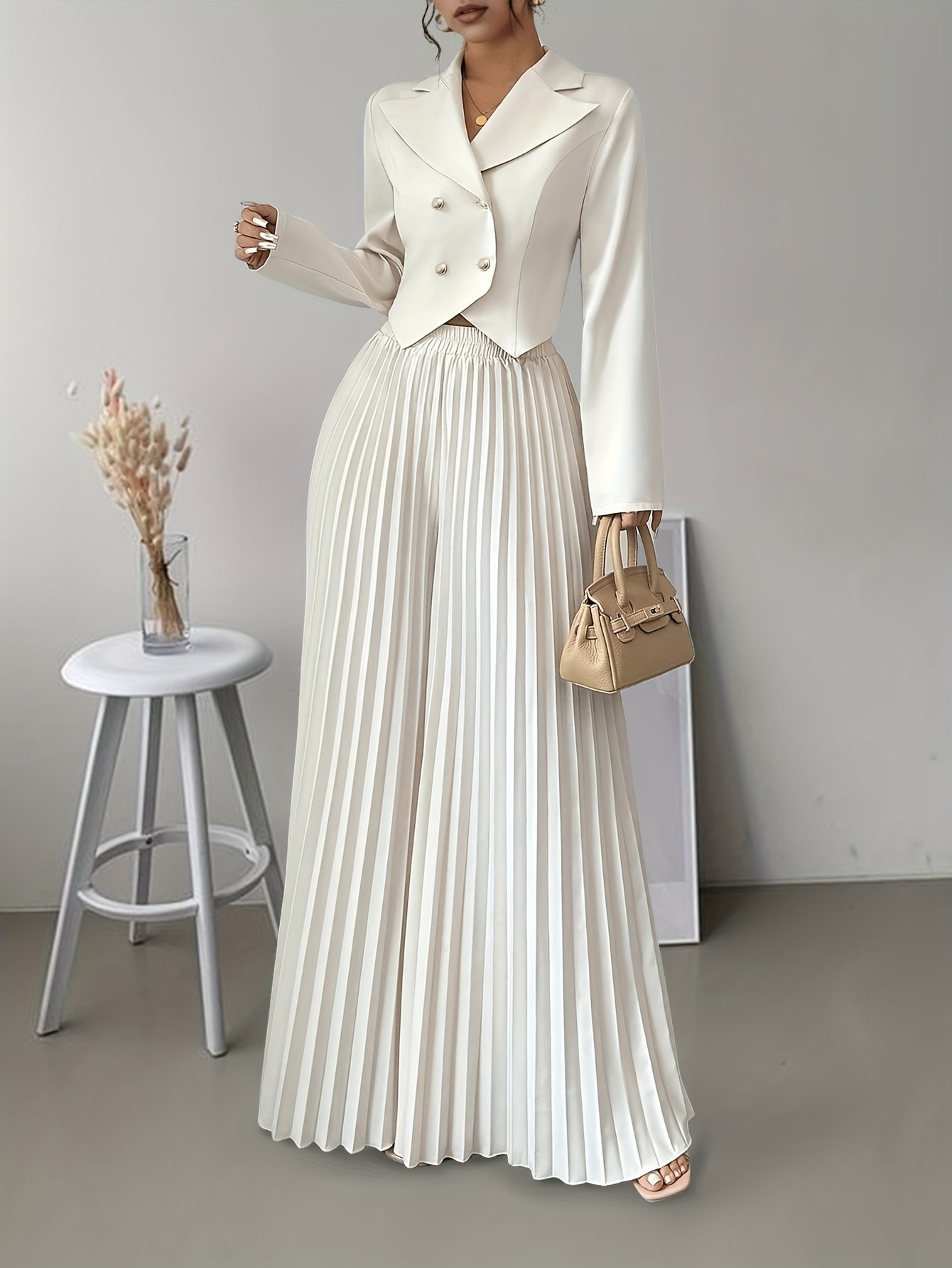 SHOWLU Women's double-breasted 2-piece suit with pleated pants, stylish and elegant for professional or formal occasions.