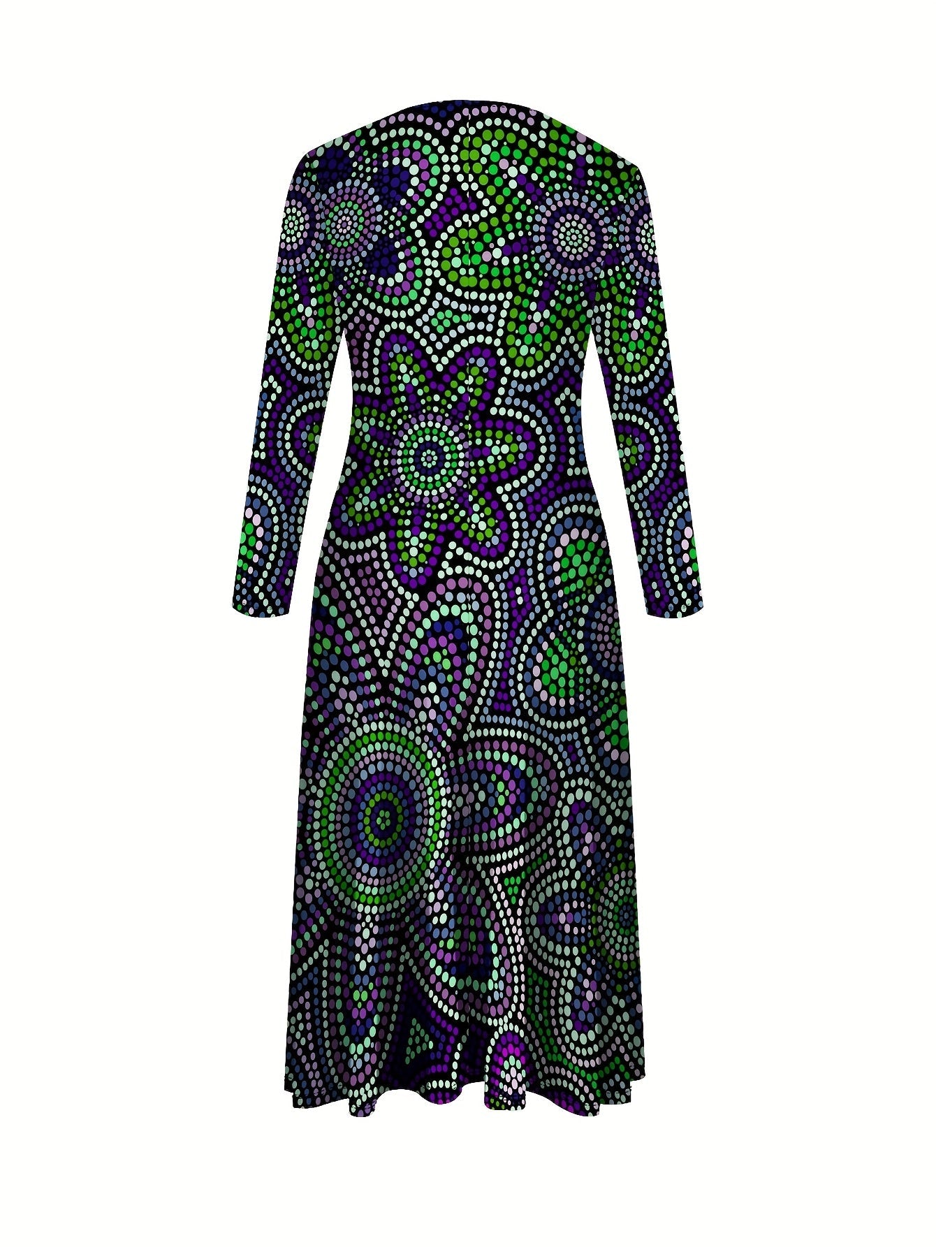 SHOWLU Women's purple and green polka dot long sleeve maxi dress with A-line silhouette, flowing fabric, and vibrant pattern.