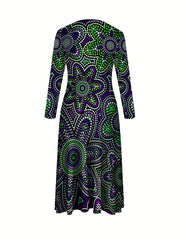 Women's Elegant Long Sleeve Maxi dress - Formal to Casual Party, Beach Vacation & Everyday Outfits - Machine Washable A-Line Dress in Purple & Green color combination - All-Season Women's Clothing, Comfortable Fit