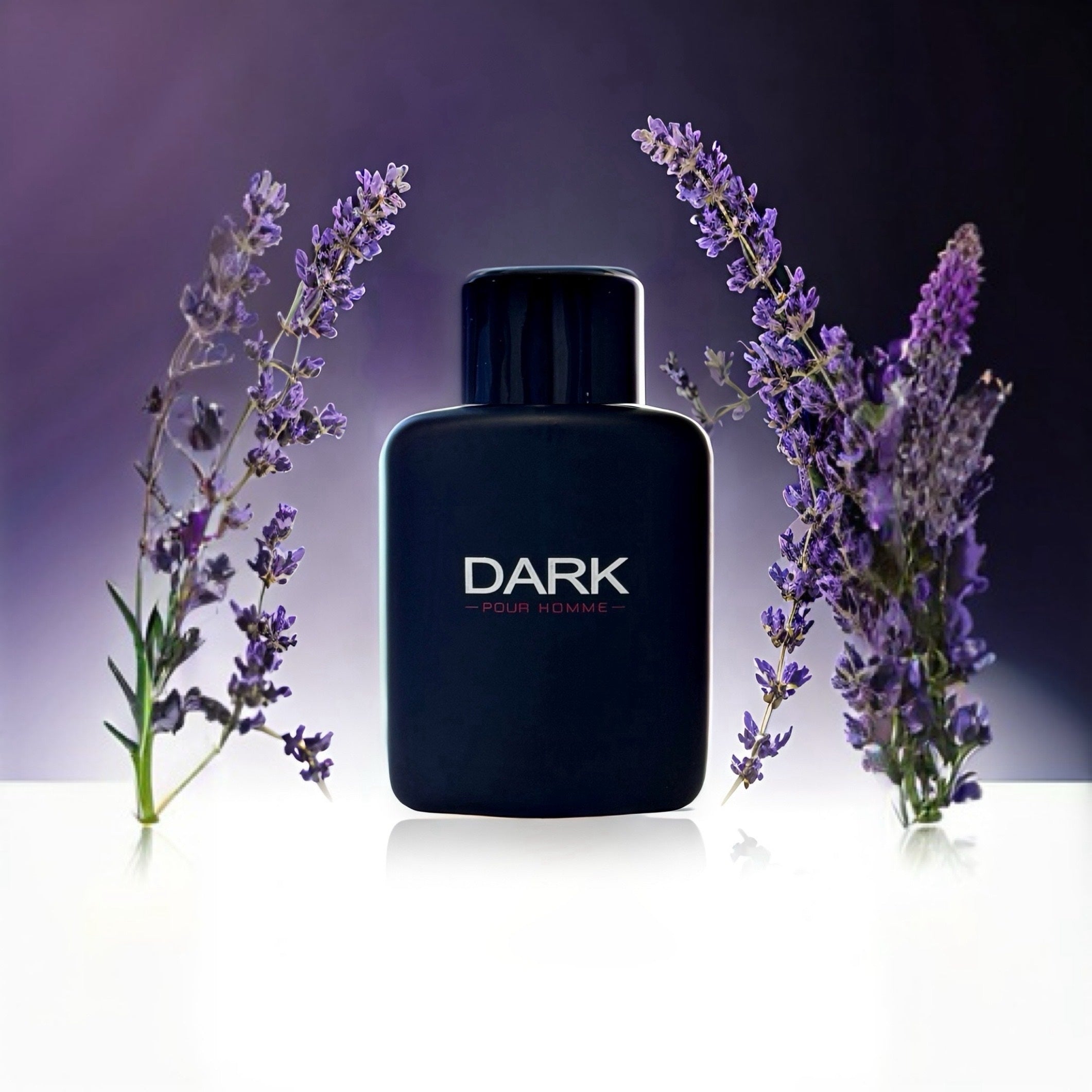 Dark Noir men's Eau de Parfum 3.4oz featuring lavender and lemon scent, showcasing the sleek black bottle.