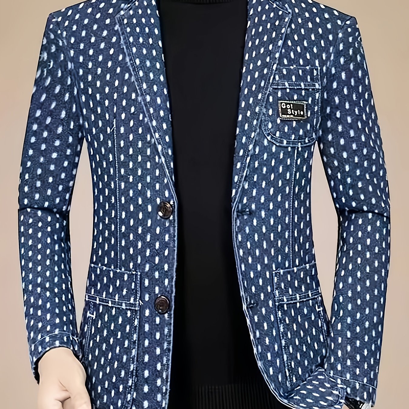 Men's loose fit denim blazer with polka dot pattern from SHOWLU FASHION STORE, casual jacket suitable for stylish everyday wear.