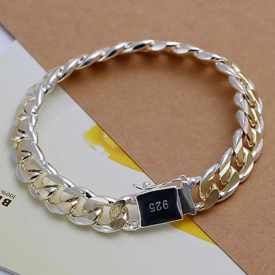 Sterling silver 10mm chain bracelet with lock charm, unisex jewelry by Anel Demosthene, ideal for fashion, wedding, or gift.