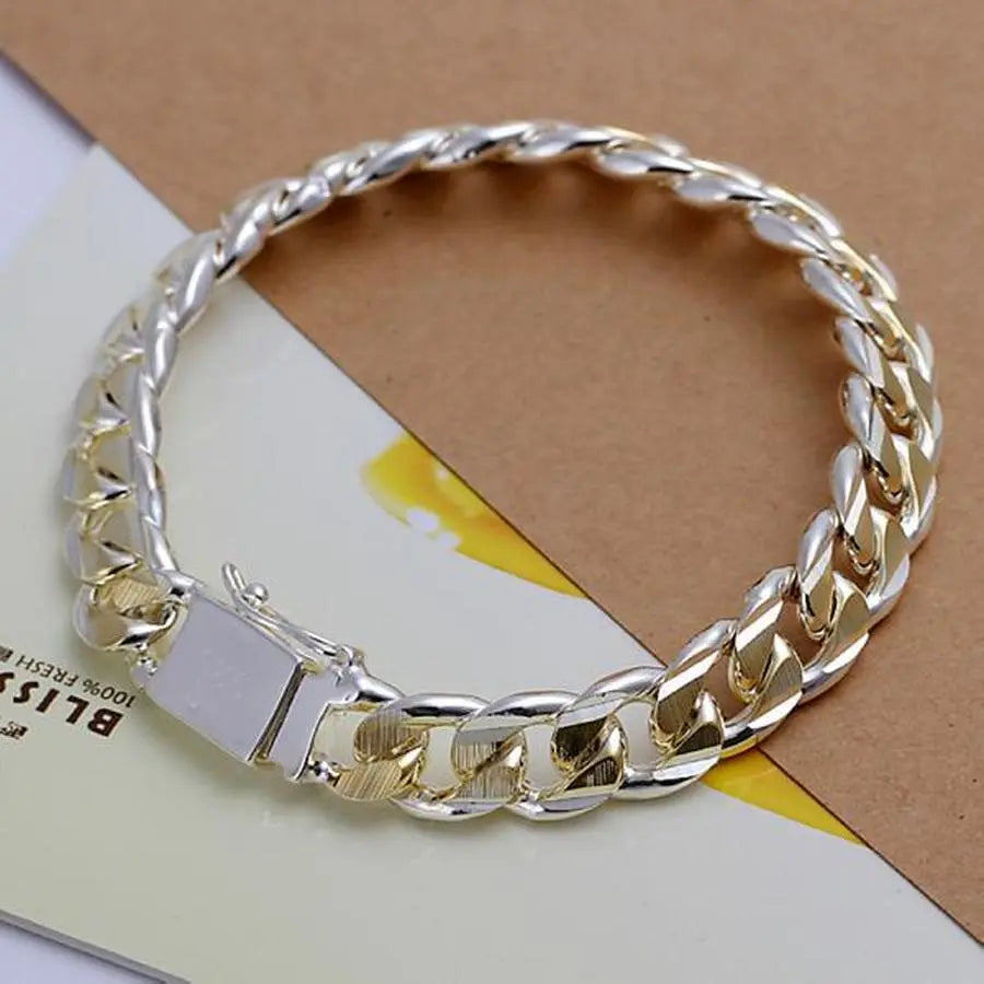 Sterling silver 10mm chain bracelet with lock charm, unisex jewelry by Anel Demosthene, perfect for fashion and special occasions.