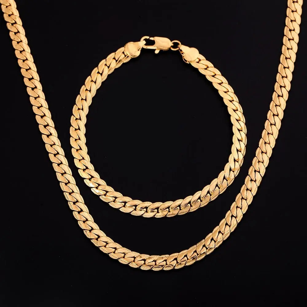 Sterling silver and 18K gold 6mm chain jewelry set with bracelet and necklace for women and men, stylish party and wedding accessories