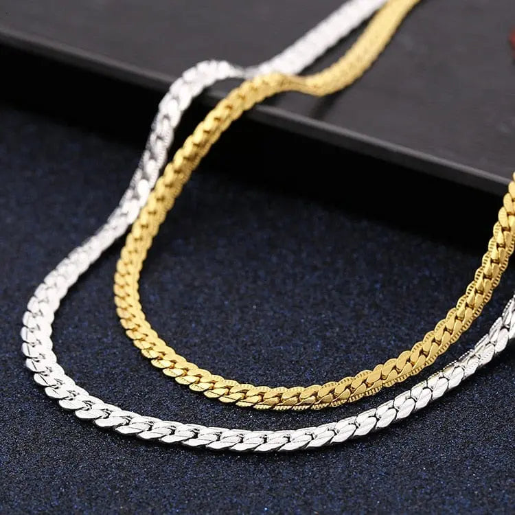 Sterling silver 18K gold 6mm chain jewelry set with bracelet and necklace for women and men, stylish party and wedding accessories