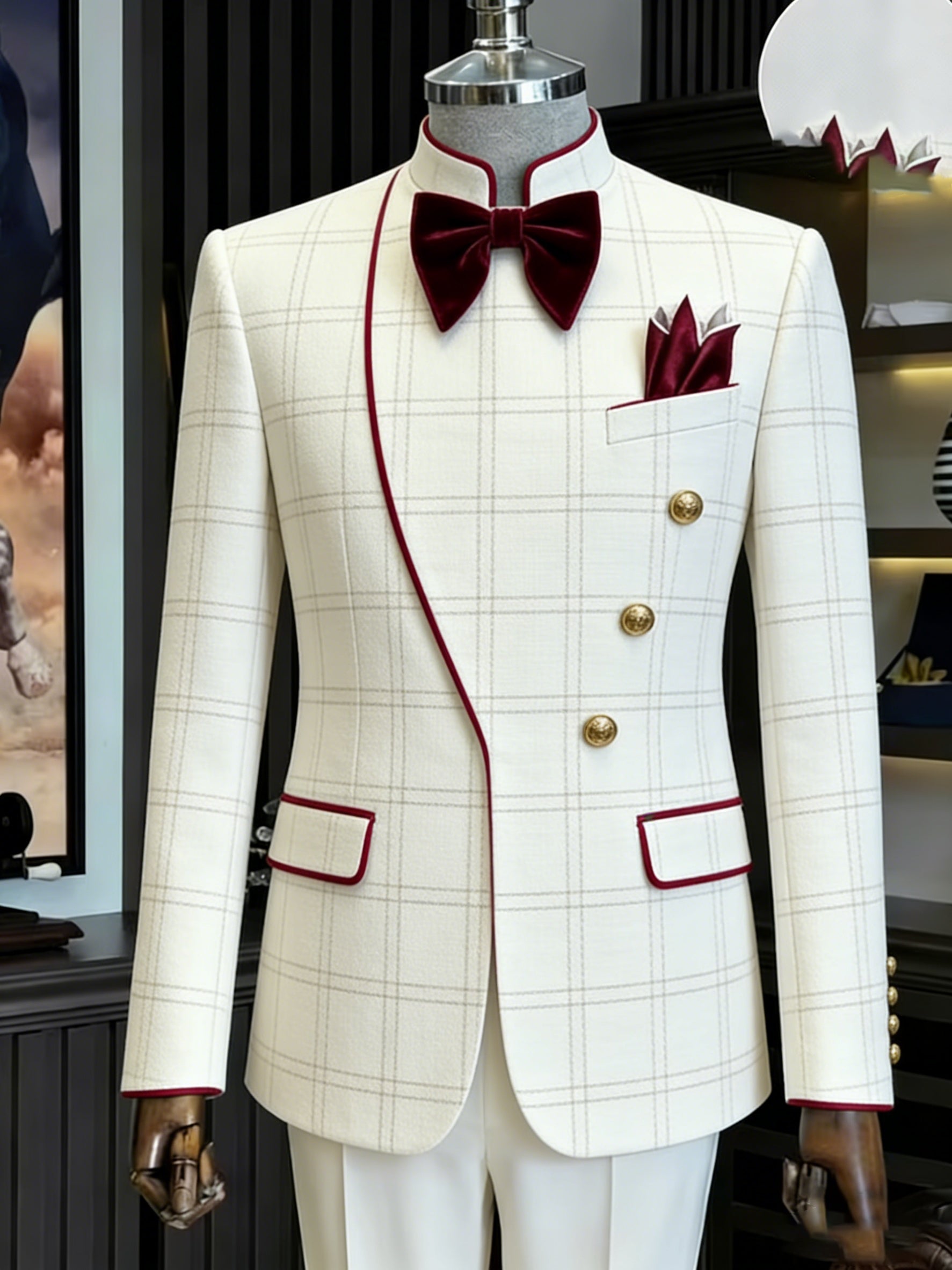 Showlu men's slim fit double-breasted suit in solid color, formal evening wear, tailored for a sleek, modern look.