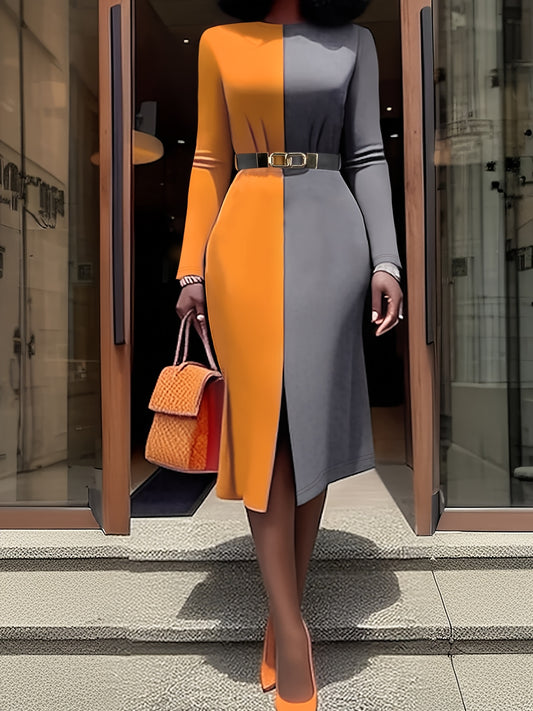 Women's Elegant Color-Block Panel Crewneck Long Sleeve Slit Dress with Belt - Stretchy Fabric, Fitted Silhouette, All-Season Versatile for Casual & Formal Occasions, Long Sleeve Dresses, Sophisticated Fashion, Comfortable Wea