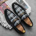 SHOWLU Men's plaid slip-on loafers with durable sole and classic design, suited for business dress and casual wear.
