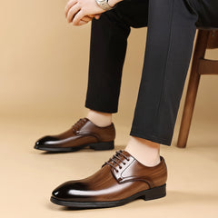 Men's Formal Business Wedding Oxford Derby Shoes - Low-Top  Lace-Up Dress Shoes with Glossy Brown/Black Stripe, Pointed Toe & Rubber Sole - British Style for Office, Conference, Prom (No Maintenance Required)