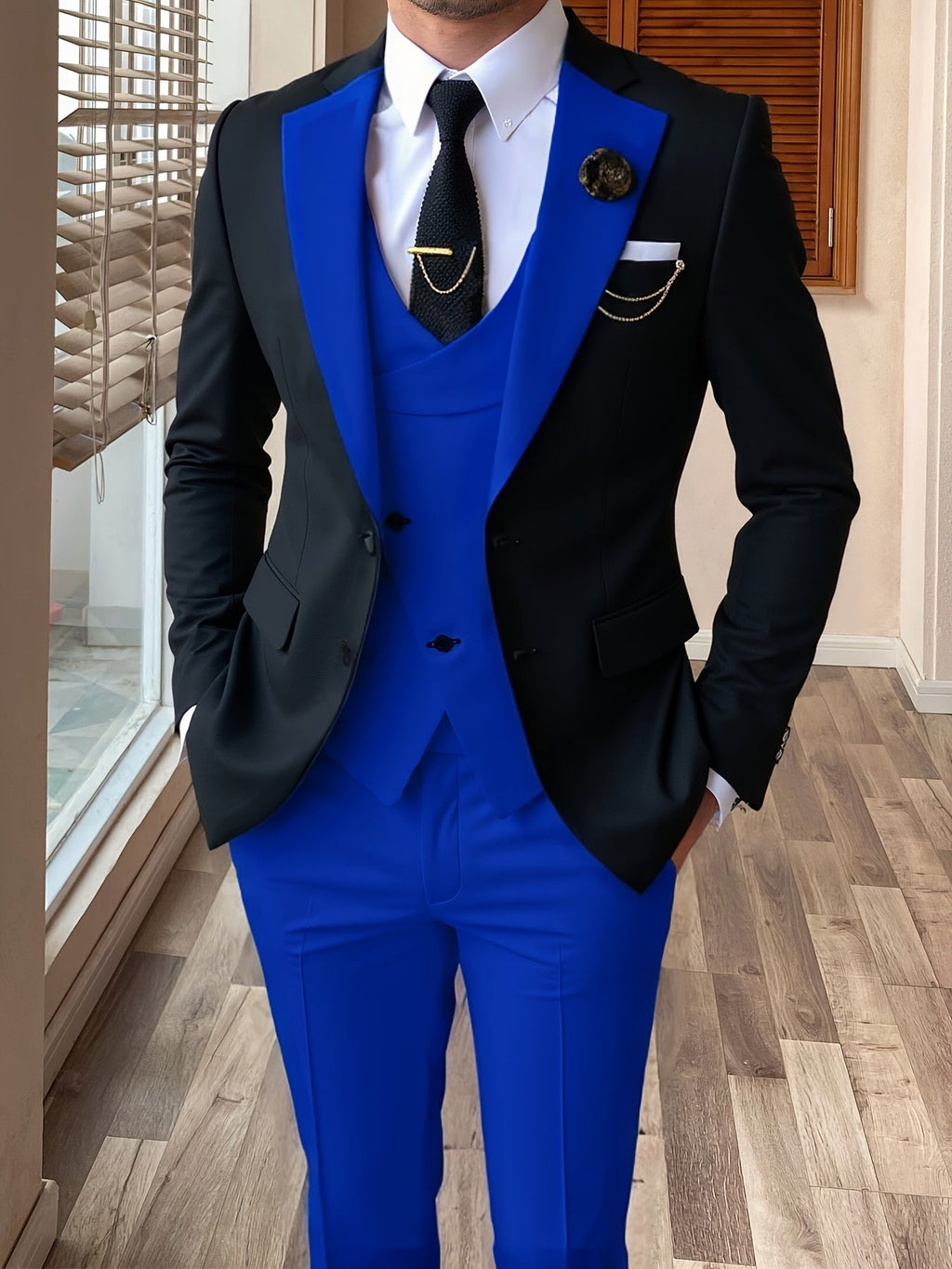 Men's 3-piece color block slim fit tuxedo suit set by Showlu Fashion, featuring a jacket, vest, and trousers in vibrant color blocks.