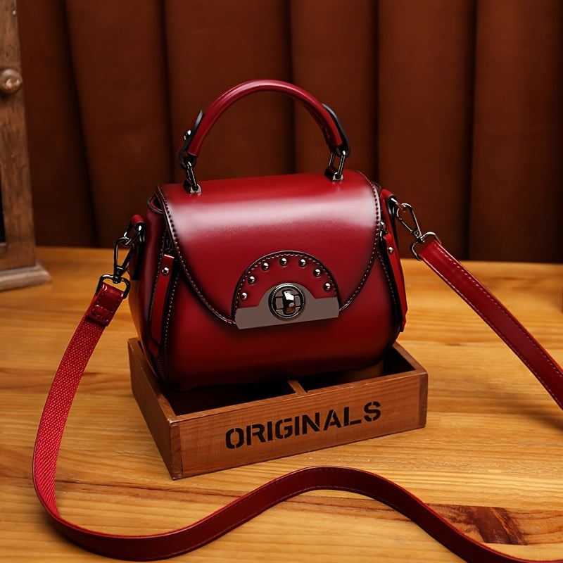 SHOWLU Women's retro apple-shaped crossbody bag in black PU leather, featuring a compact design and adjustable strap.