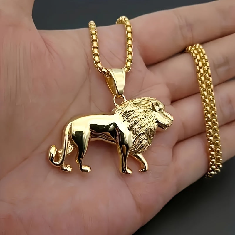 Showlu 18K gold plated stainless steel lion pendant necklace set with matching chain and jewelry display.