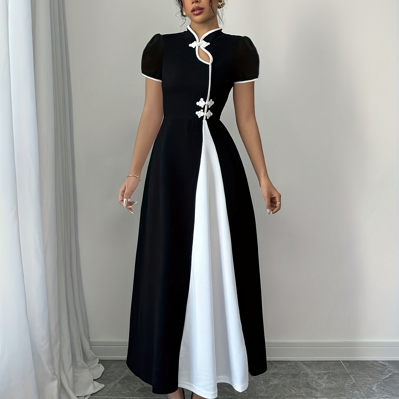 Elegant women's V-neck fitted knit dress in solid color by SHOWLU FASHION, showcasing the sleek, tailored design and soft fabric.