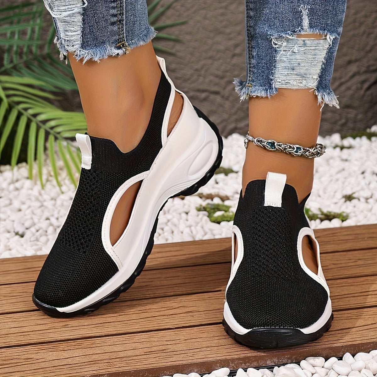 Women's Lightweight Breathable Walking Shoes - Black & White Camp Sneakers with Stability Support, EVA Cushioned Sole for All-Season Casual & Light Exercise, Ladies Sneakers, Allseason Footwear, Sleek Sneaker Design, Comforta