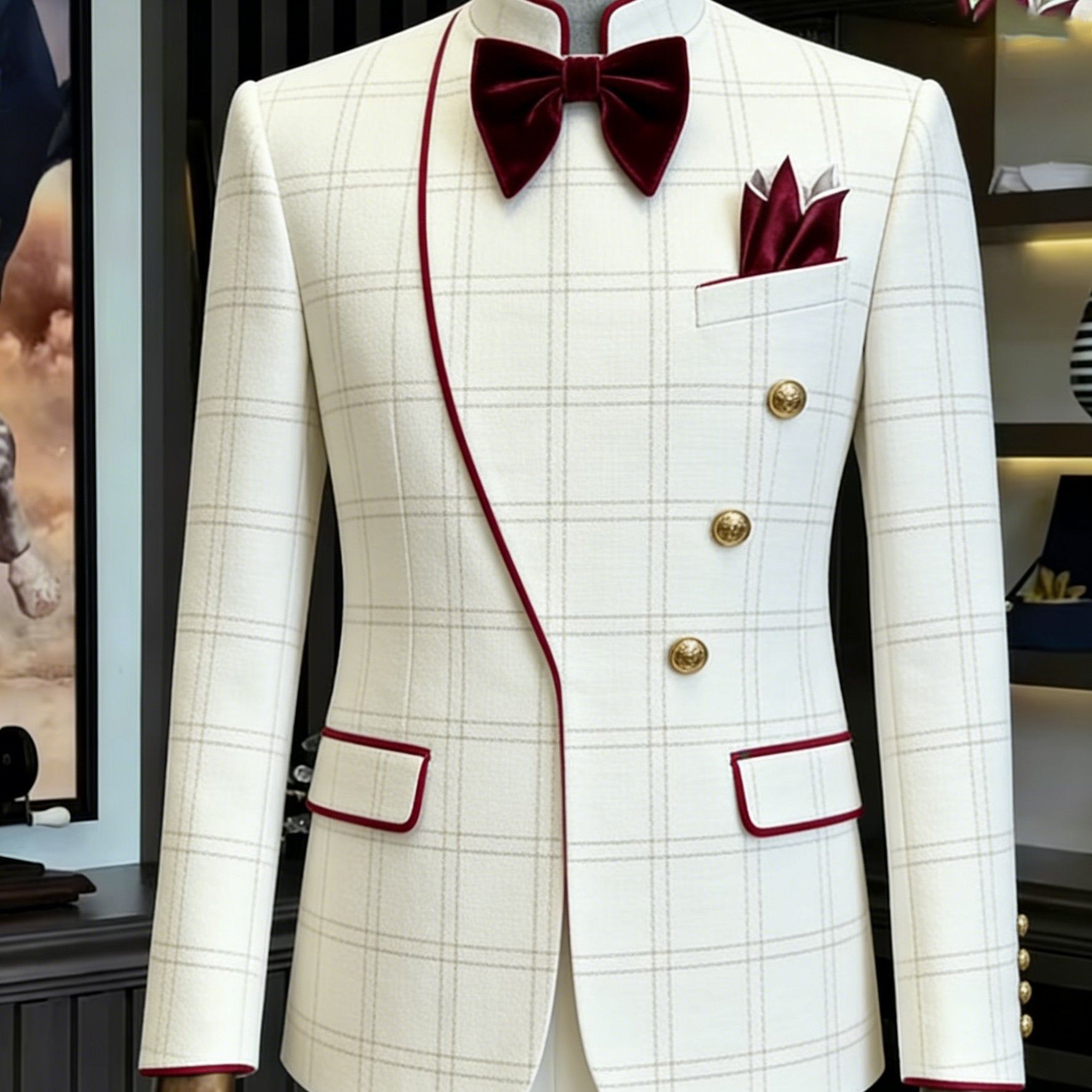 Showlu men's slim fit double-breasted solid color suit for formal evening wear, featuring tailored lapels and sleek design.