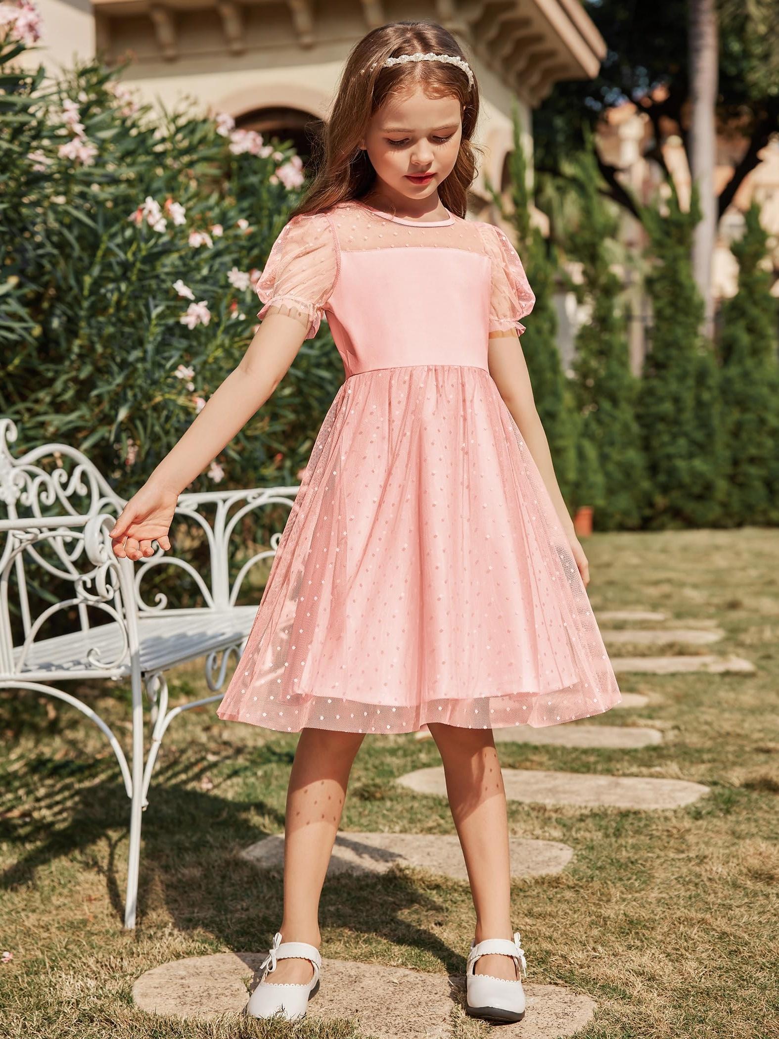 SHOWLU Girls mesh puffy short sleeve A-line knee-length party dress with a layered skirt and floral accents.