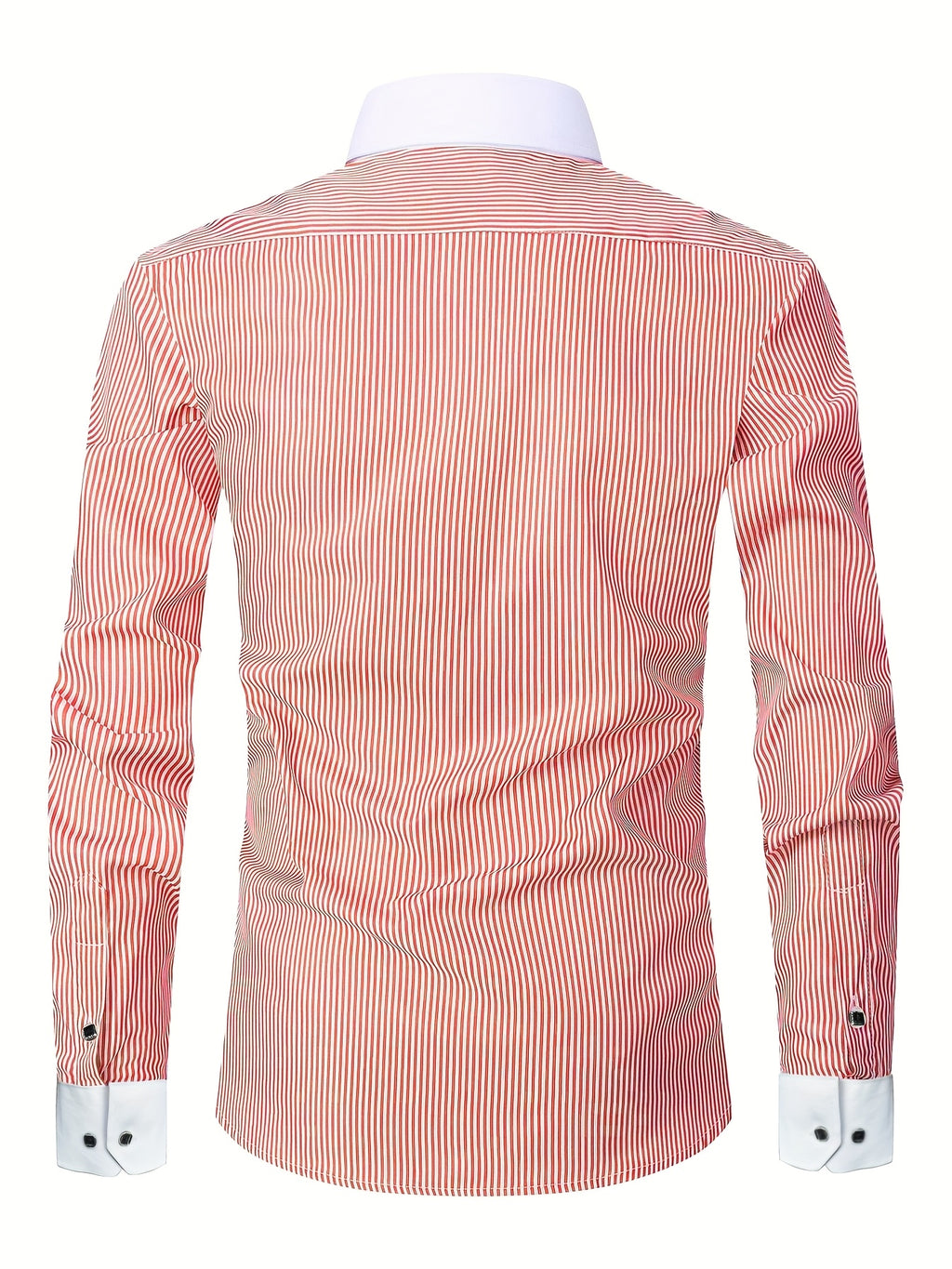Men's slim fit striped formal shirt with French cuffs by Showlu Fashion Store, made of polyester fabric.