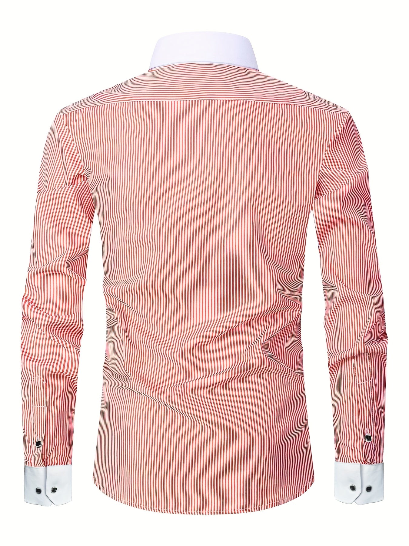 Men's slim fit striped formal shirt with French cuffs by Showlu Fashion Store, made of polyester fabric.
