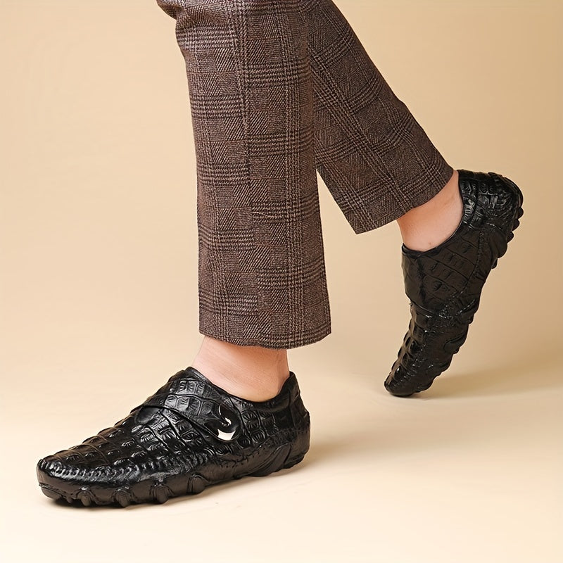 SHOWLU men's top grain leather loafers with non-slip soles, casual oxford style, featuring sleek design and brown finish.